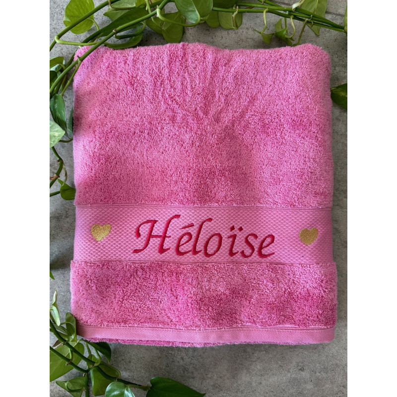 Drap de douche Rose prénom + coeurs