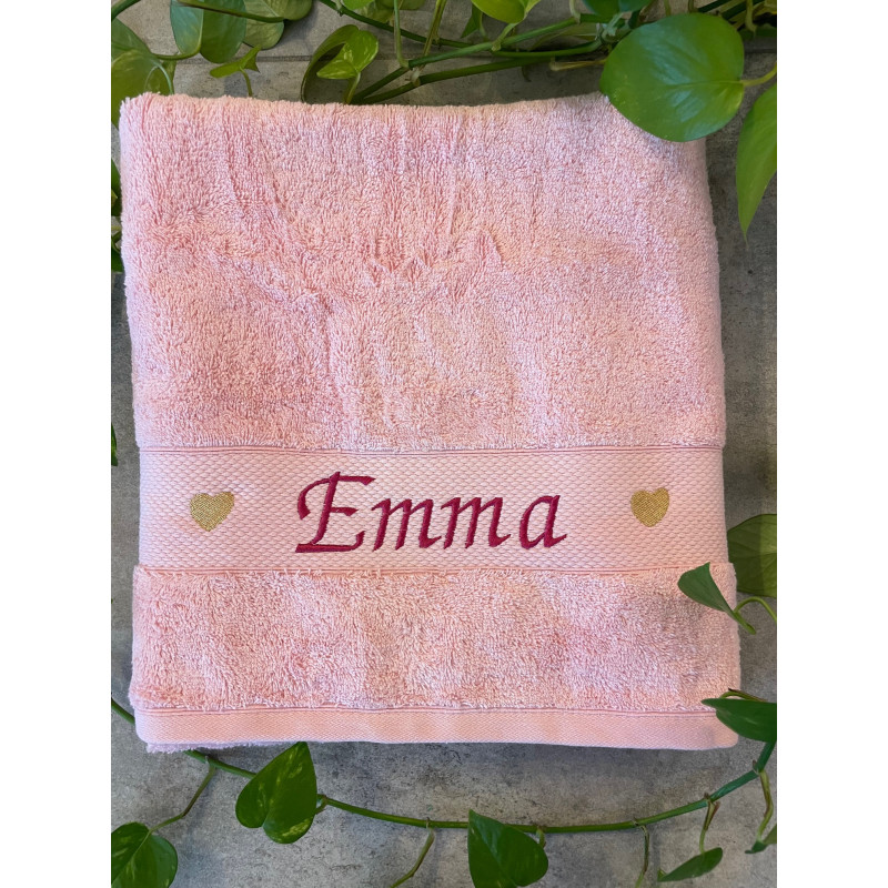 Drap de douche Rose prénom + coeurs