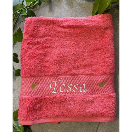 Drap de douche Corail prénom + coeurs