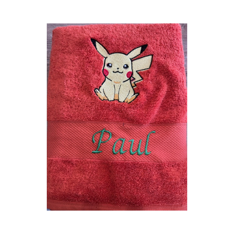 Drap de douche orange prénom + pikachu