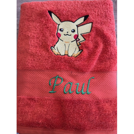 Drap de douche orange prénom + pikachu